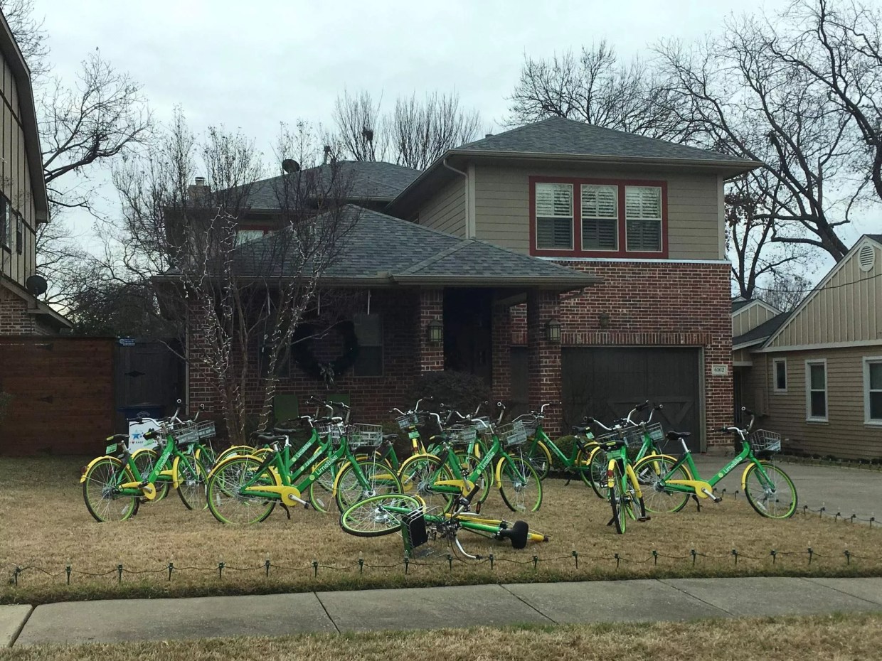 Forget Toilet Paper — Pranksters Fill East Dallas Yard With LimeBikes