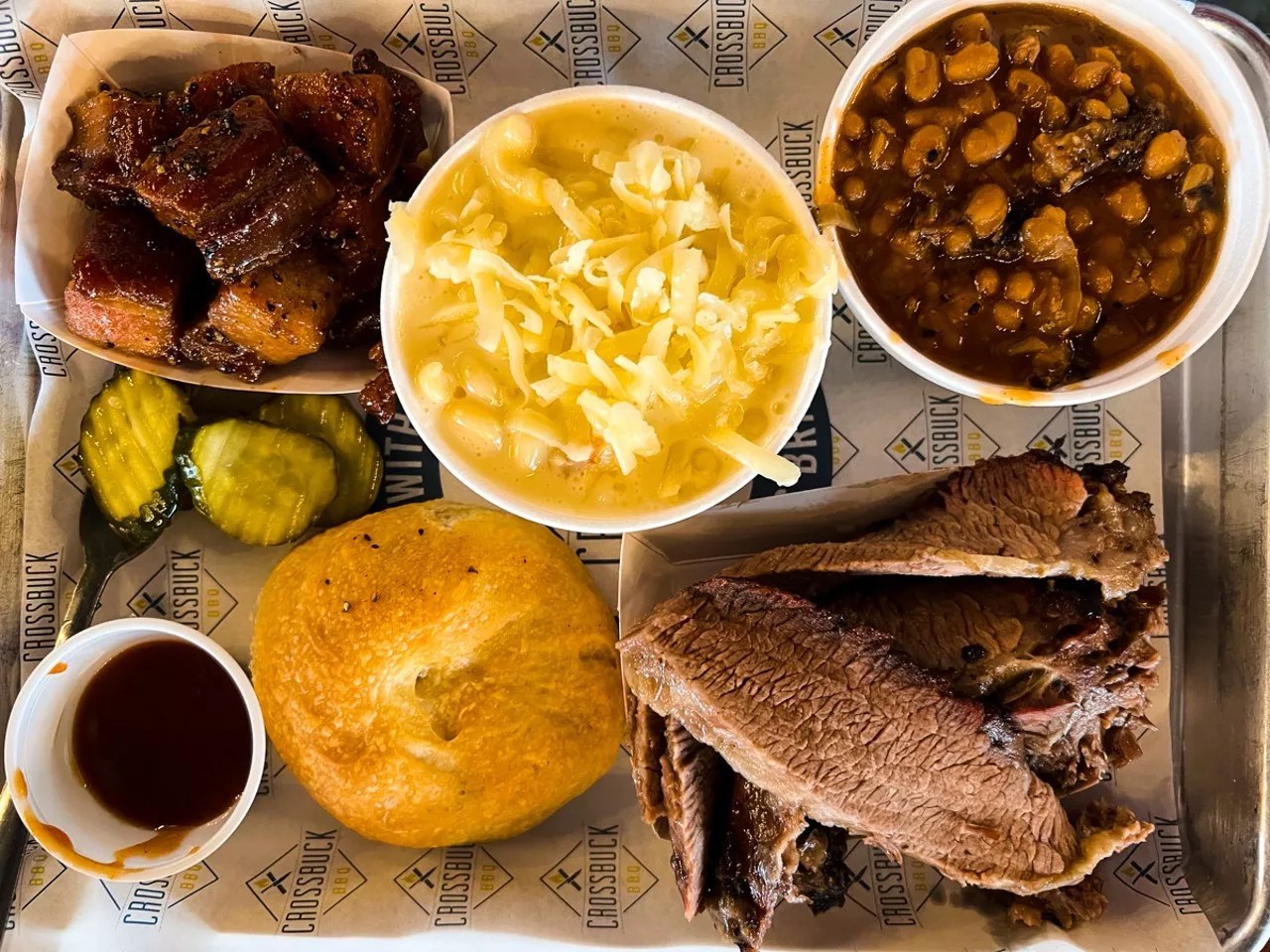 Brisket, pork belly, macaroni and cheese and beans at Crossbuck BBQ