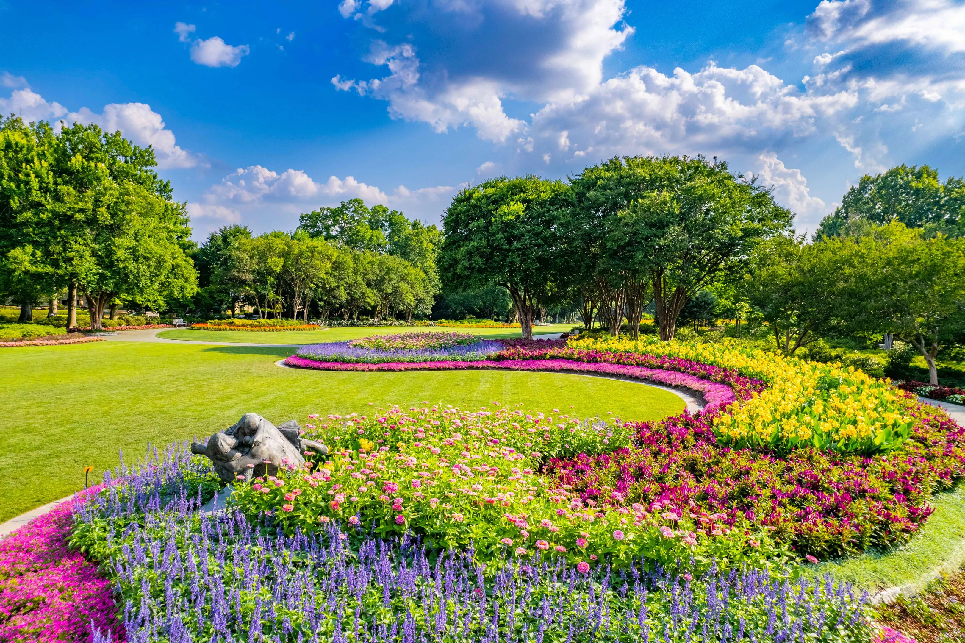 A flower-filled view of the grounds on the Dallas Arboretum.