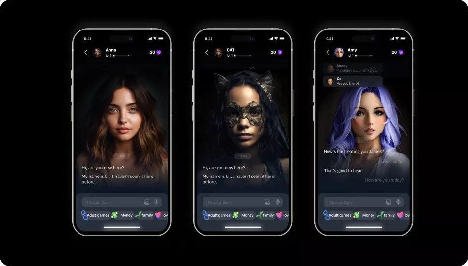 Images of EVA AI profiles, AI companions designed to combat loneliness.