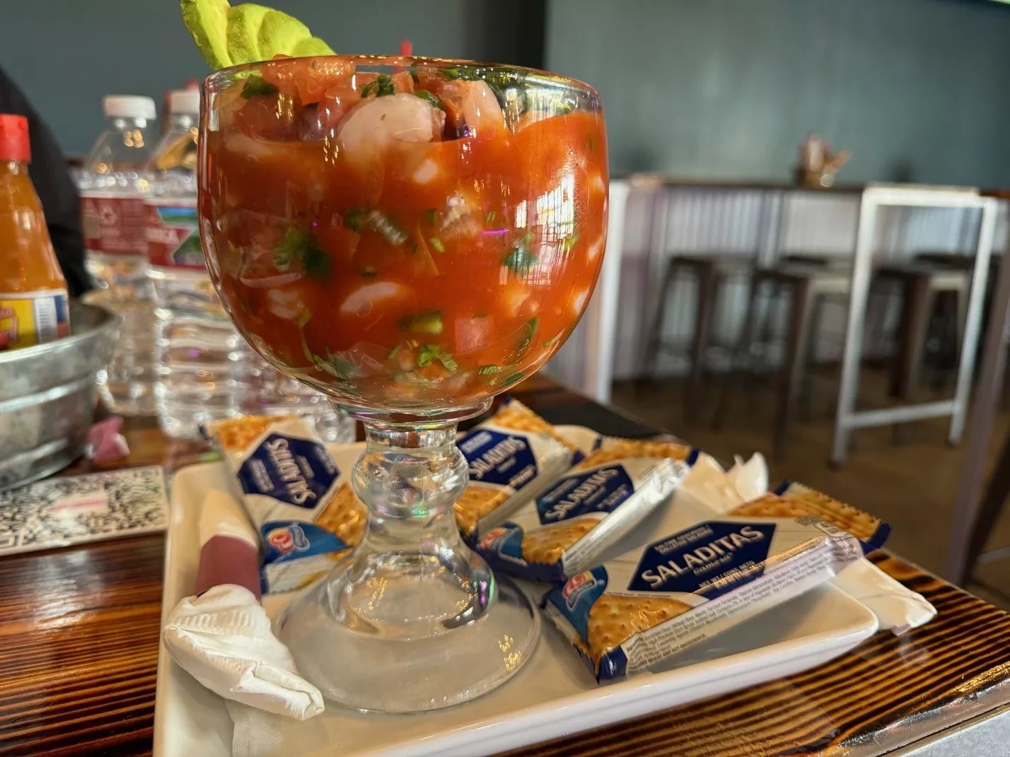 Mexican shrimp cocktail at La Toxica Mariscos y Micheladas in Dallas' Deep Ellum neighborhood.