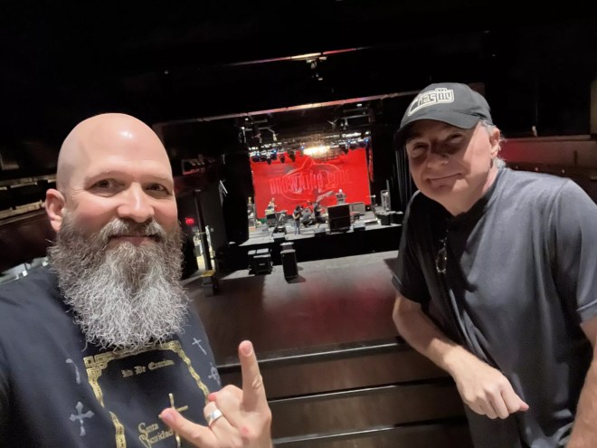 Local disc jockeys Rob Colwell, left, and Lee Russell, right, at the June 15 live broadcast of Drowning Pool at The Studio at the Factory.