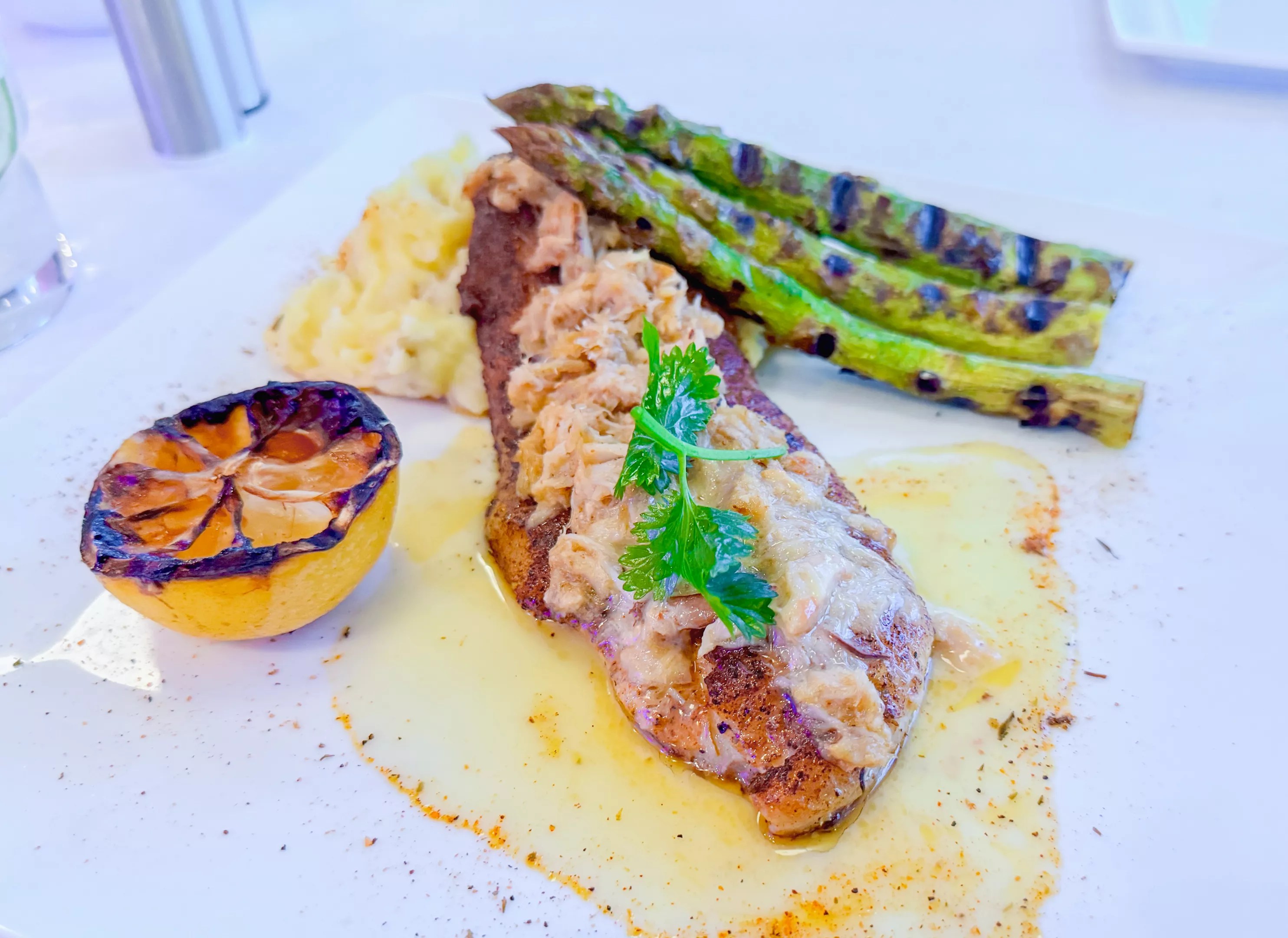 blackened catfish topped with crab